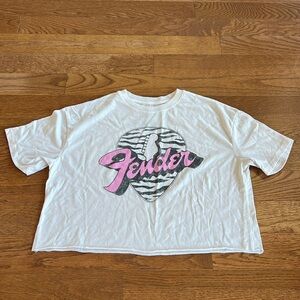 Fender large white short sleeve top with guitar design and pink fender letters